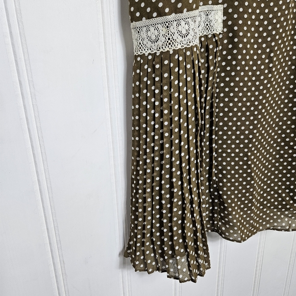 Signature by Robbie Bee Midi Dress Womens Sz 10 Brown Polka Dot Lace Trim - Picture 7 of 15